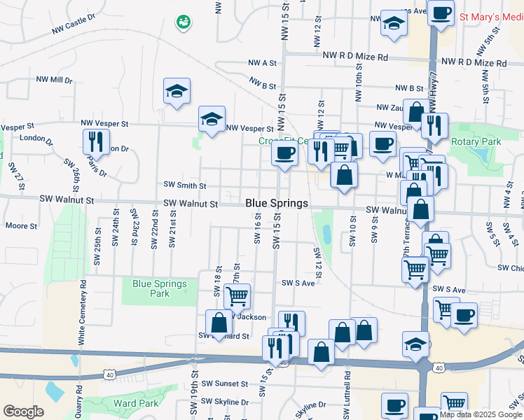 map of restaurants, bars, coffee shops, grocery stores, and more near 302 Southwest 16 Street in Blue Springs