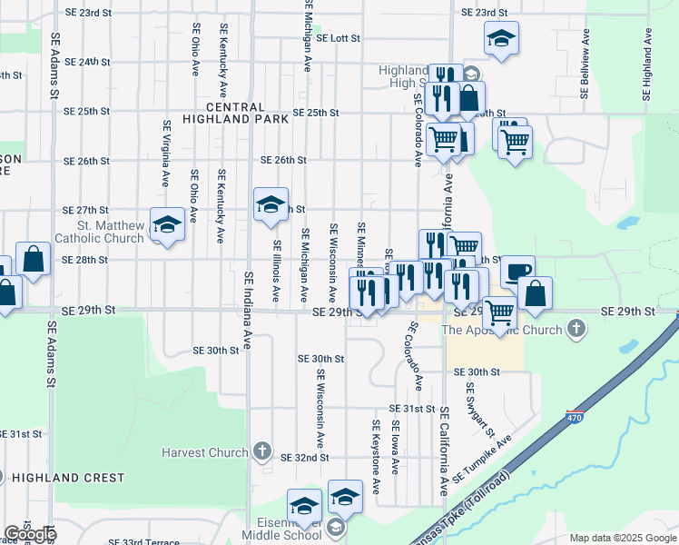 map of restaurants, bars, coffee shops, grocery stores, and more near 2810 Southeast Wisconsin Avenue in Topeka