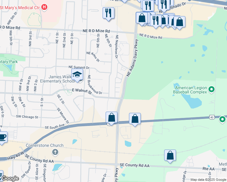map of restaurants, bars, coffee shops, grocery stores, and more near 163 Northeast Adams Dairy Parkway in Blue Springs