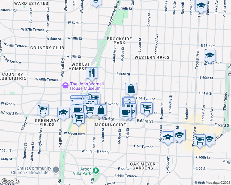 map of restaurants, bars, coffee shops, grocery stores, and more near 6117 Morningside Drive in Kansas City