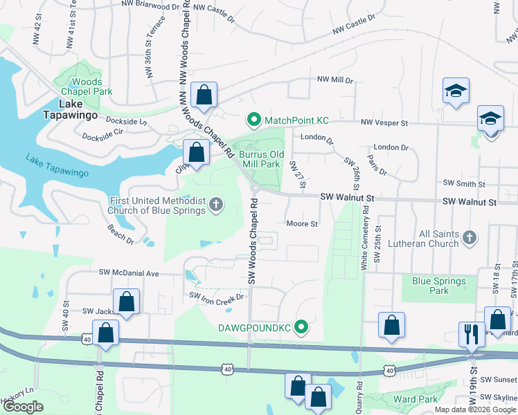 map of restaurants, bars, coffee shops, grocery stores, and more near 312 Southwest Woods Chapel Road in Blue Springs