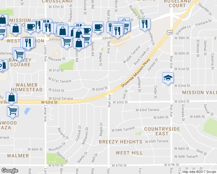 map of restaurants, bars, coffee shops, grocery stores, and more near Nall Ave & W 62nd St in Mission