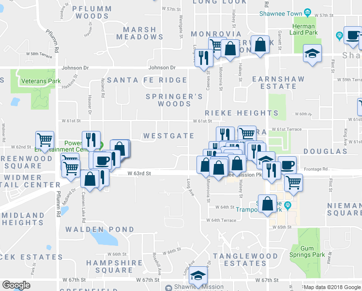 map of restaurants, bars, coffee shops, grocery stores, and more near 12510 West 62nd Street in Shawnee