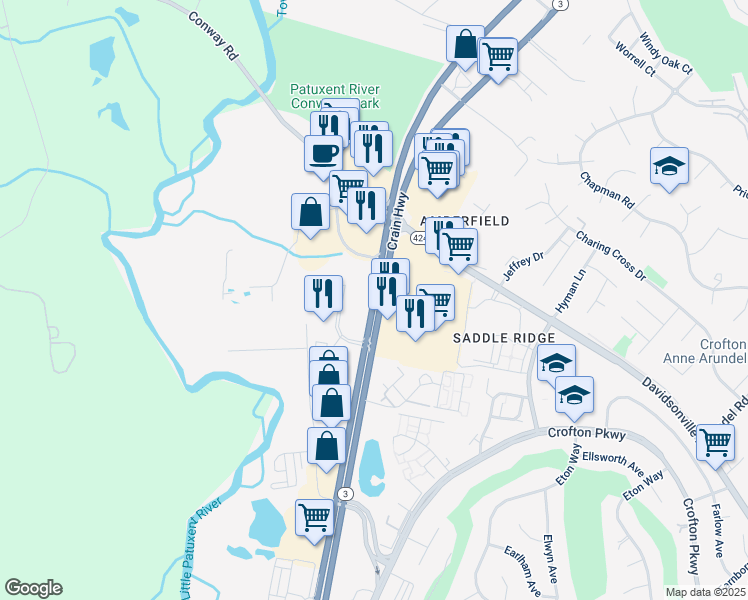 map of restaurants, bars, coffee shops, grocery stores, and more near 655 Crofton Center in Crofton