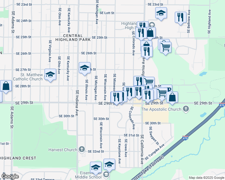 map of restaurants, bars, coffee shops, grocery stores, and more near 2813 Southeast Minnesota Avenue in Topeka