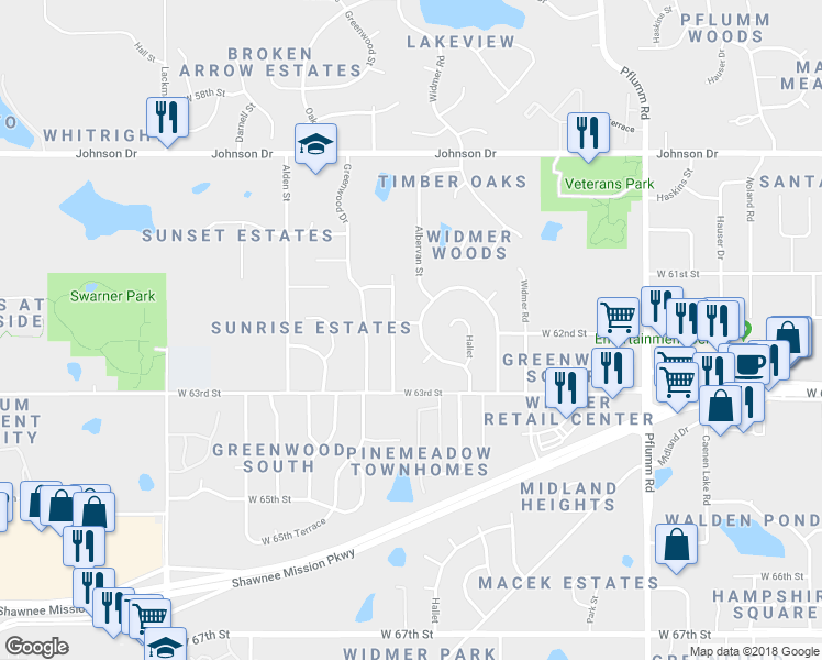 map of restaurants, bars, coffee shops, grocery stores, and more near 6130 Albervan Street in Shawnee
