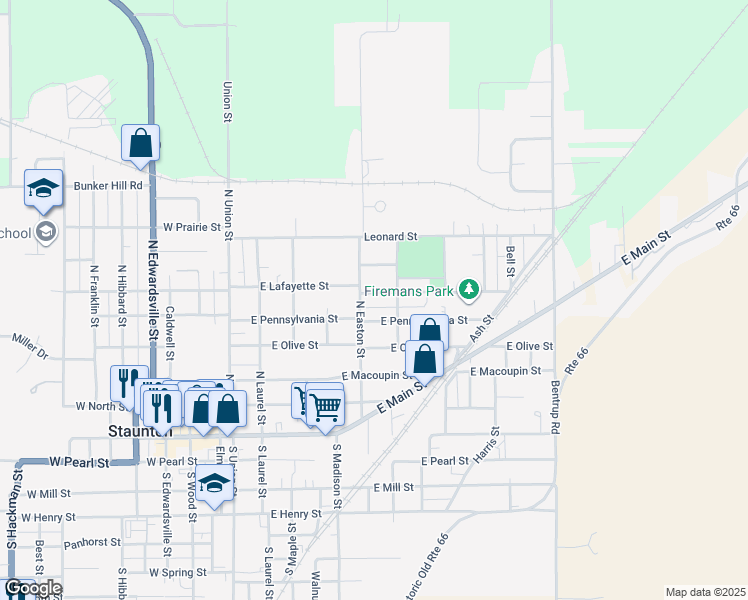 map of restaurants, bars, coffee shops, grocery stores, and more near 610 Montgomery Street in Staunton