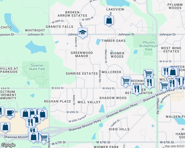 map of restaurants, bars, coffee shops, grocery stores, and more near 6130 Greenwood Street in Shawnee