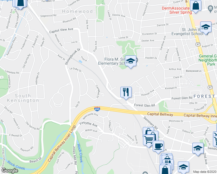 map of restaurants, bars, coffee shops, grocery stores, and more near 9809 Capitol View Avenue in Silver Spring