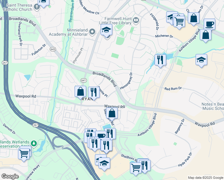map of restaurants, bars, coffee shops, grocery stores, and more near 43668 Catton Place in Ashburn