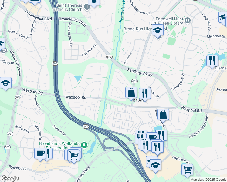 map of restaurants, bars, coffee shops, grocery stores, and more near 21781 Kings Crossing Terrace in Ashburn
