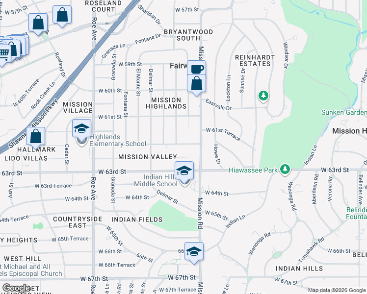 map of restaurants, bars, coffee shops, grocery stores, and more near 3927 West 62nd Street in Fairway