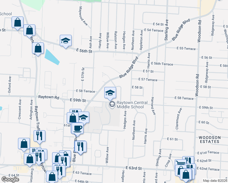 map of restaurants, bars, coffee shops, grocery stores, and more near 5813 Ralston Avenue in Raytown
