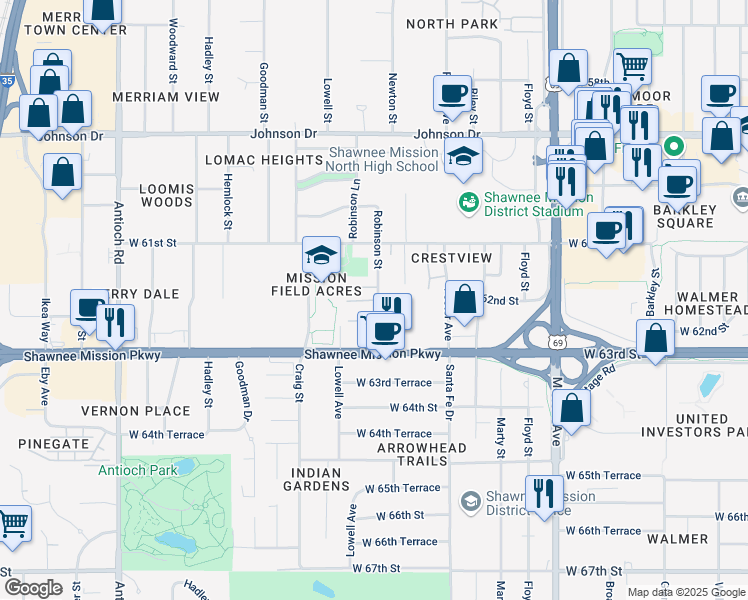 map of restaurants, bars, coffee shops, grocery stores, and more near 6202 Robinson Street in Overland Park