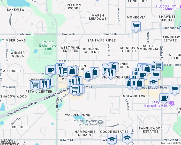 map of restaurants, bars, coffee shops, grocery stores, and more near 6209 Richards Drive in Shawnee