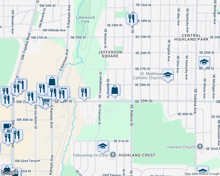 map of restaurants, bars, coffee shops, grocery stores, and more near 2813 Southeast Madison Street in Topeka