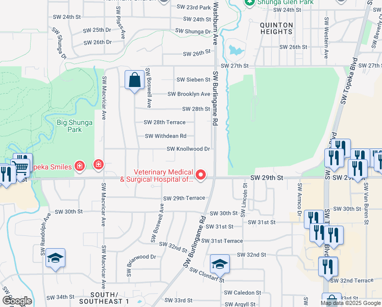 map of restaurants, bars, coffee shops, grocery stores, and more near 2880 SW Mulvane St in Topeka