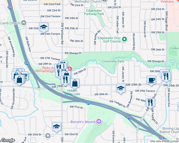 map of restaurants, bars, coffee shops, grocery stores, and more near 2814 Southwest Prairie Road in Topeka