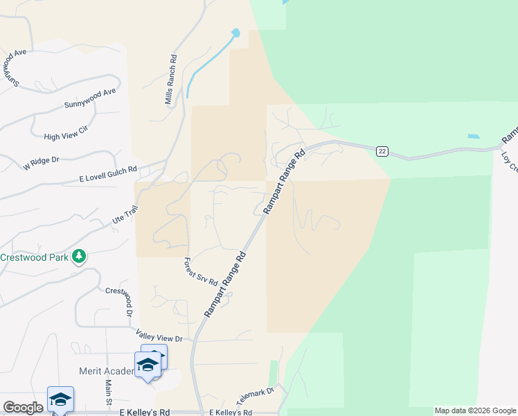 map of restaurants, bars, coffee shops, grocery stores, and more near 2300 Rampart Range Road in Woodland Park
