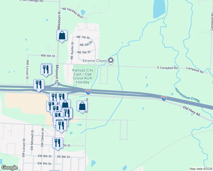 map of restaurants, bars, coffee shops, grocery stores, and more near 601 Northeast 1st Street in Oak Grove
