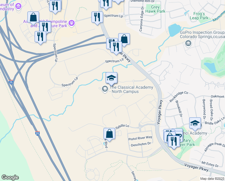 map of restaurants, bars, coffee shops, grocery stores, and more near 975 Stout Road in Colorado Springs