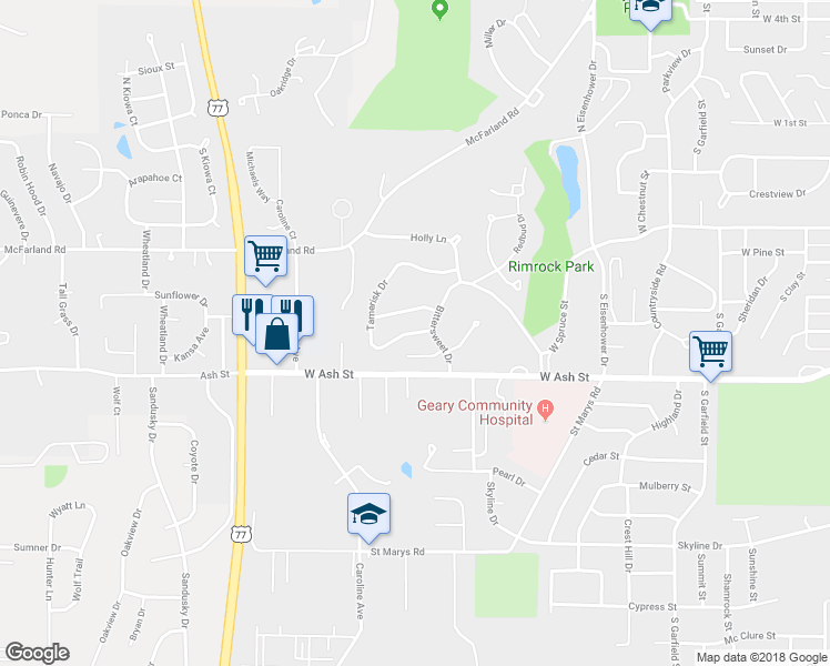 map of restaurants, bars, coffee shops, grocery stores, and more near 1526 Tamerisk Drive in Junction City