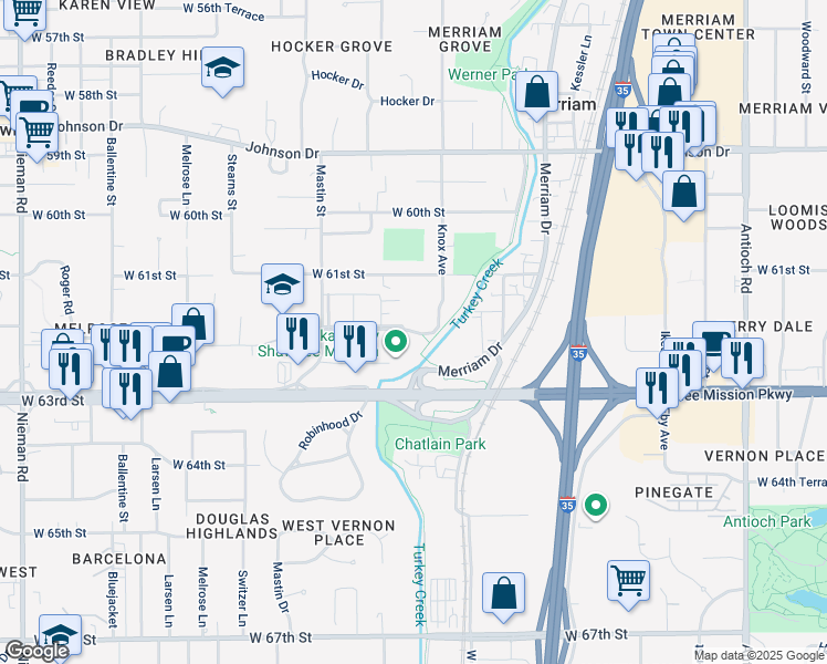 map of restaurants, bars, coffee shops, grocery stores, and more near 9745 West 62nd Street in Merriam