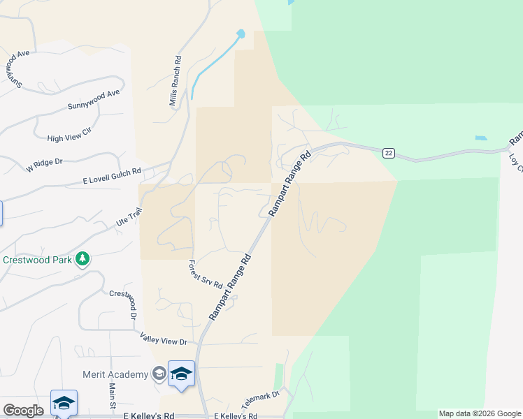 map of restaurants, bars, coffee shops, grocery stores, and more near 2300 Rampart Range Road in Woodland Park