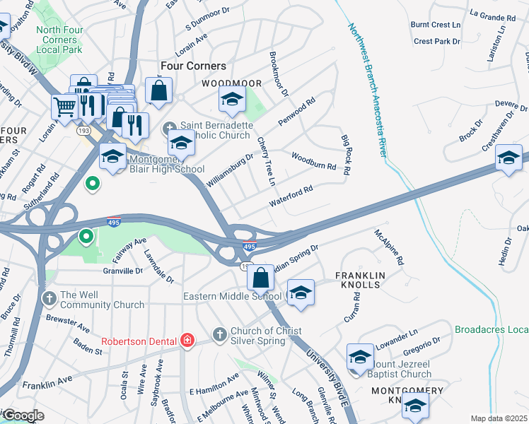 map of restaurants, bars, coffee shops, grocery stores, and more near 9714 Nassau Lane in Silver Spring