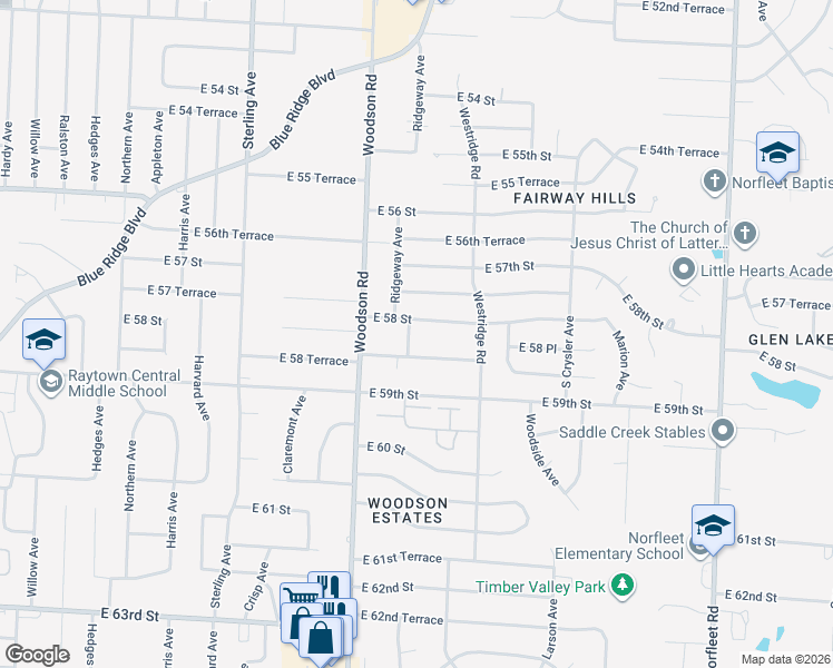 map of restaurants, bars, coffee shops, grocery stores, and more near 11700 East 58 Terrace in Kansas City