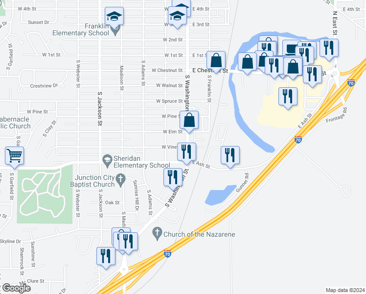 map of restaurants, bars, coffee shops, grocery stores, and more near 121 West Vine Street in Junction City
