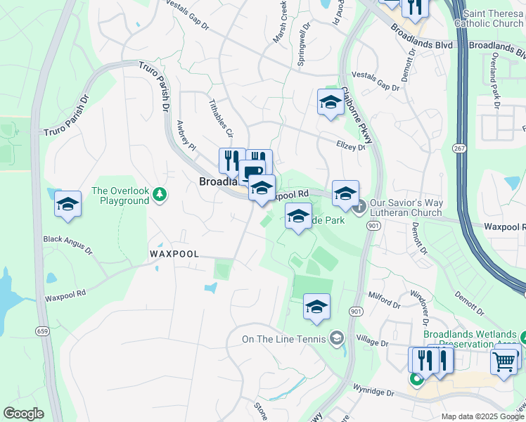 map of restaurants, bars, coffee shops, grocery stores, and more near 42945 Waxpool Road in Broadlands