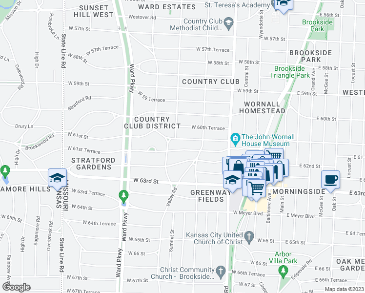 map of restaurants, bars, coffee shops, grocery stores, and more near 638 West 61st Terrace in Kansas City
