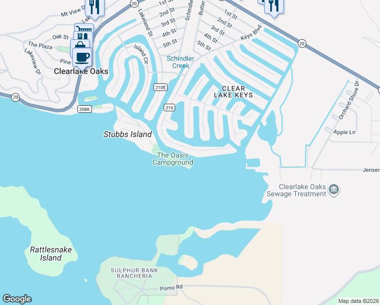 map of restaurants, bars, coffee shops, grocery stores, and more near 13099 Keys Boulevard in Clearlake Oaks