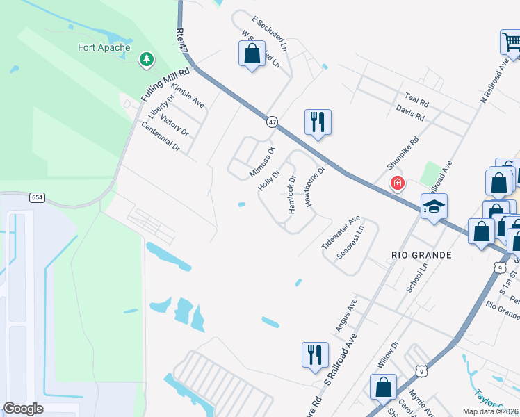 map of restaurants, bars, coffee shops, grocery stores, and more near 126 Holly Drive in Middle Township