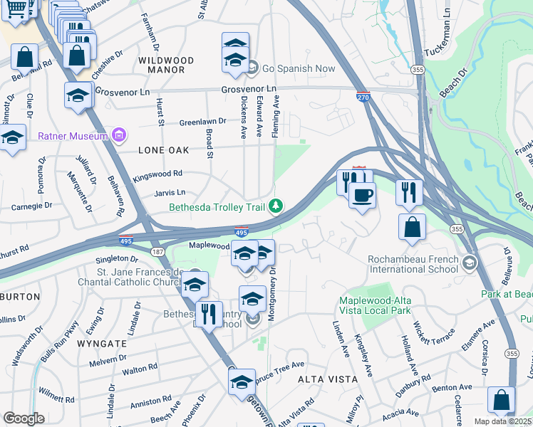 map of restaurants, bars, coffee shops, grocery stores, and more near 9801 Raleigh Tavern Court in Bethesda