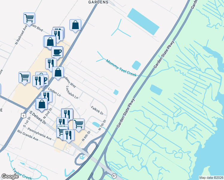 map of restaurants, bars, coffee shops, grocery stores, and more near 499 Grande Boulevard in Middle Township