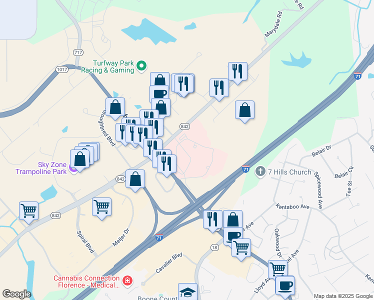map of restaurants, bars, coffee shops, grocery stores, and more near 4900 Houston Road in Florence