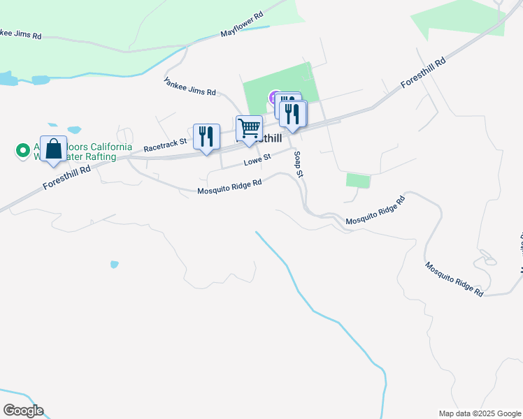 map of restaurants, bars, coffee shops, grocery stores, and more near 24550 Mosquito Ridge Road in Foresthill