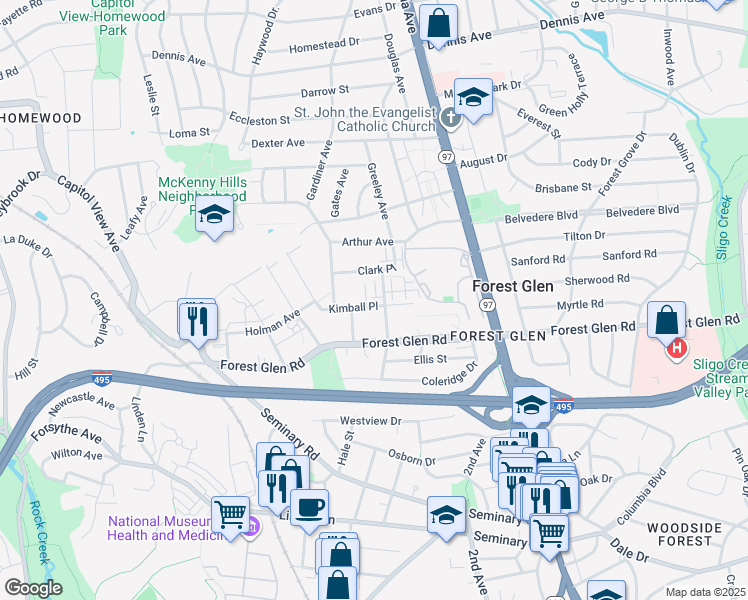 map of restaurants, bars, coffee shops, grocery stores, and more near 9808 Darcy Forest Drive in Silver Spring