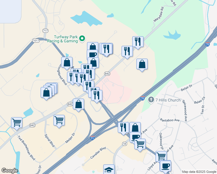 map of restaurants, bars, coffee shops, grocery stores, and more near 4900 Houston Road in Florence