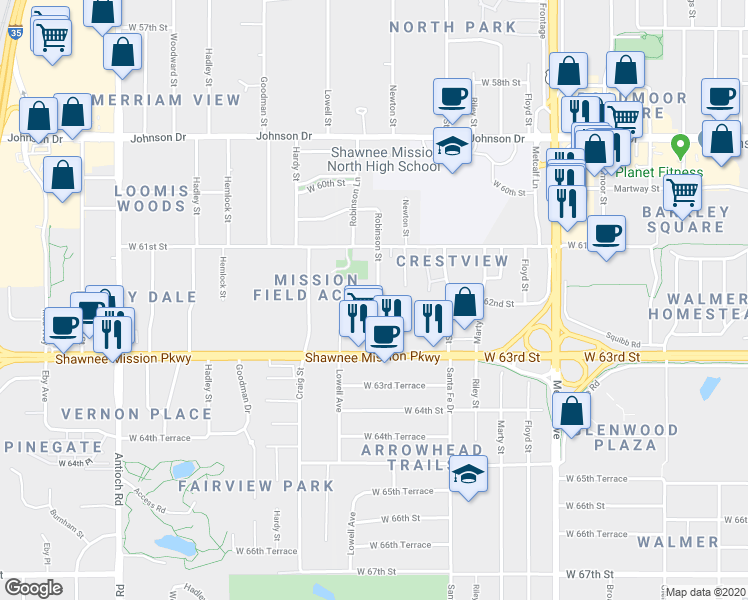 map of restaurants, bars, coffee shops, grocery stores, and more near 6202 Robinson Street in Overland Park