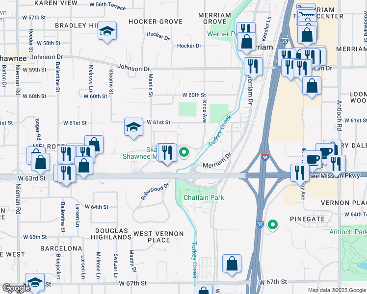 map of restaurants, bars, coffee shops, grocery stores, and more near 9745-9747 West 62nd Street in Merriam
