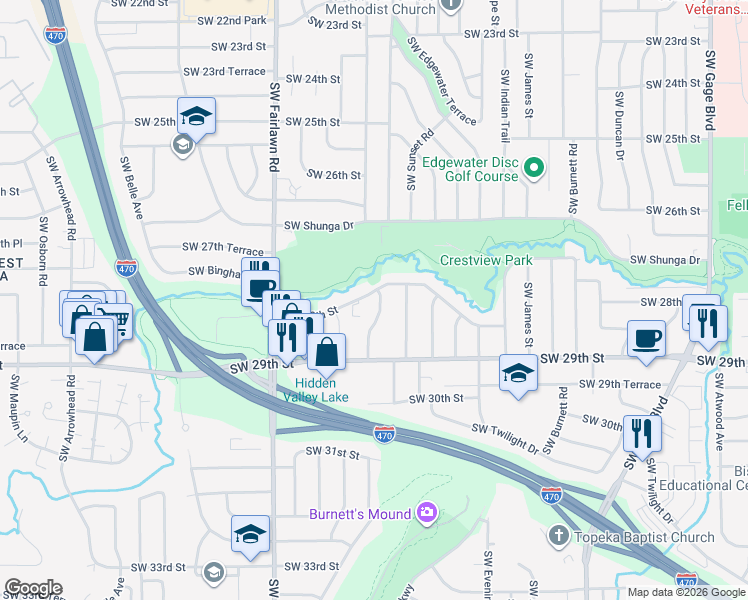 map of restaurants, bars, coffee shops, grocery stores, and more near 2814 Southwest Prairie Road in Topeka