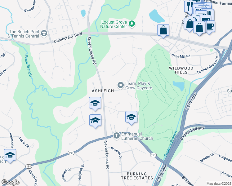 map of restaurants, bars, coffee shops, grocery stores, and more near 7712 Charleston Drive in Bethesda