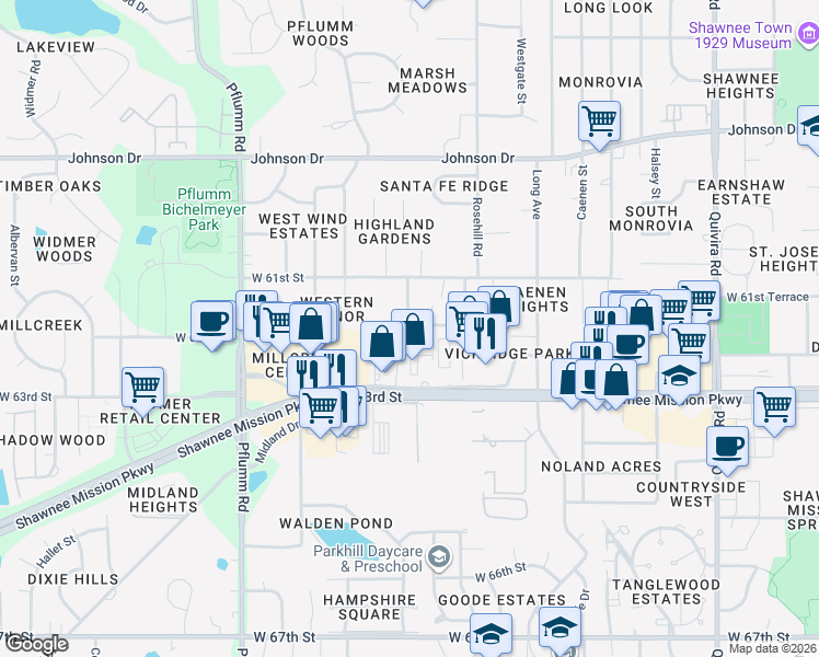 map of restaurants, bars, coffee shops, grocery stores, and more near 12840 Shawnee Mission Parkway in Shawnee
