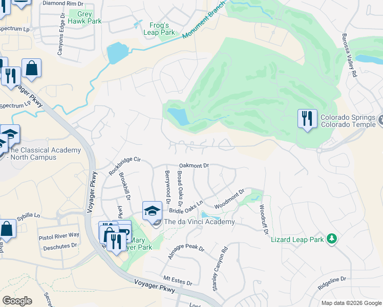map of restaurants, bars, coffee shops, grocery stores, and more near 1455 Vine Cliff Heights in Colorado Springs
