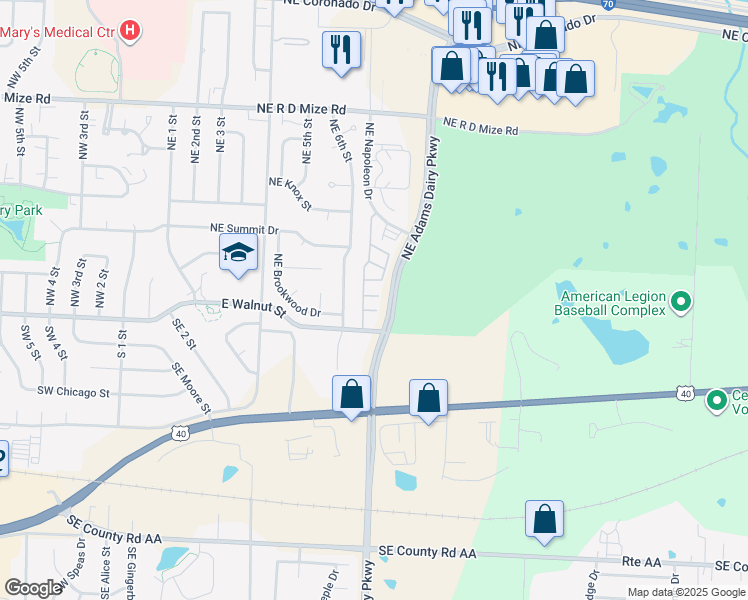 map of restaurants, bars, coffee shops, grocery stores, and more near 193 Northeast Adams Dairy Parkway in Blue Springs