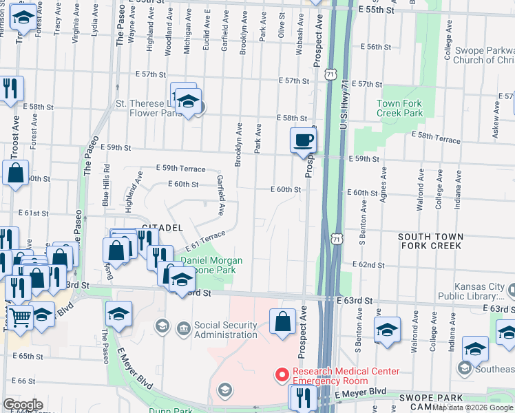 map of restaurants, bars, coffee shops, grocery stores, and more near 6028 Olive Street in Kansas City