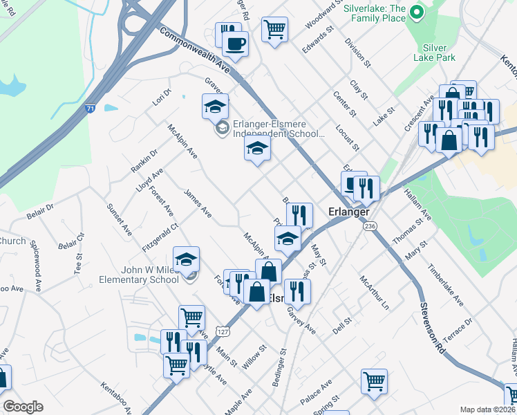 map of restaurants, bars, coffee shops, grocery stores, and more near 33 Price Avenue in Erlanger